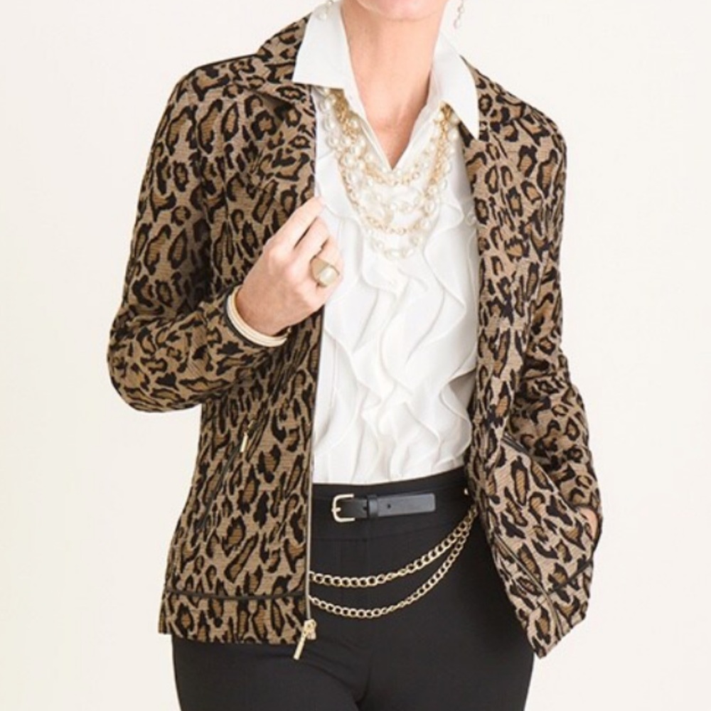 Chicos 0 Leopard Animal Print Jacquard Moto Jacket US Size 4 6 Small